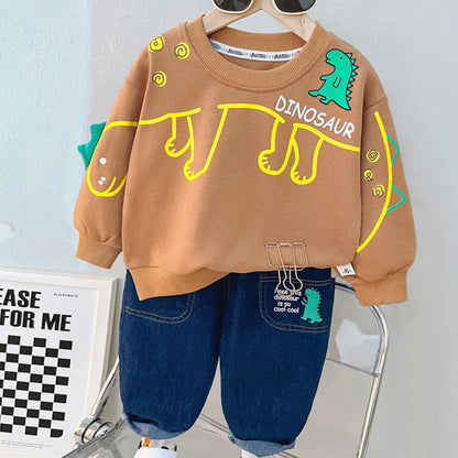 Adorable 2023 Boys Cartoon Dinosaur Pullover Sweatshirt and Denim Pants Outfit for Autumn Fashion