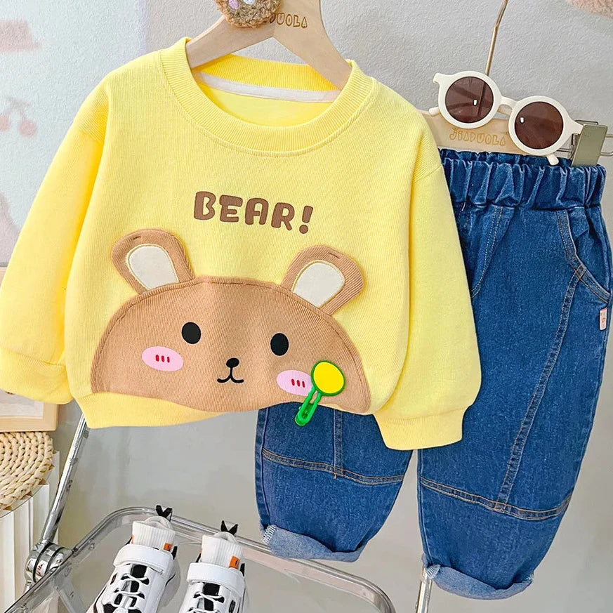 Adorable 2023 Kids Autumn Pullover Sweatshirt Set with Cartoon Animals and Denim Pants for Boys and Girls