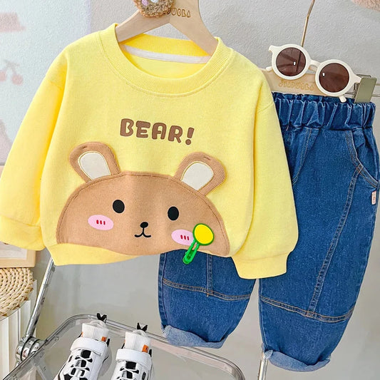 Adorable 2023 Kids Autumn Pullover Sweatshirt Set with Cartoon Animals and Denim Pants for Boys and Girls