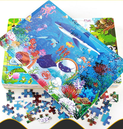 100-Piece Wooden Animal Jigsaw Puzzles - Farm and Dinosaur Themes for Early Education and Montessori Learning Toys for Kids