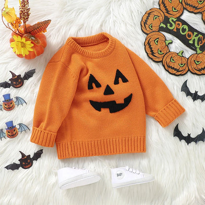 Unisex Toddler Halloween Knit Sweater featuring Witch and Pumpkin Design