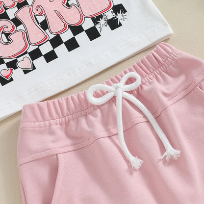 Toddler Summer Outfit Set for Baby Girls - Letter Print T-Shirt and Elastic Waist Shorts