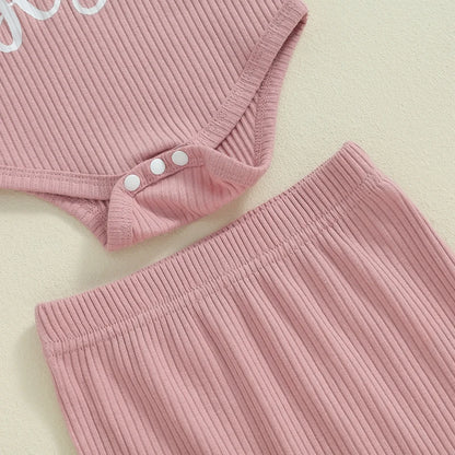 Adorable Baby Girls Ribbed 3-Piece Set with Letter Print Romper, Long Trousers, and Matching Hair Band