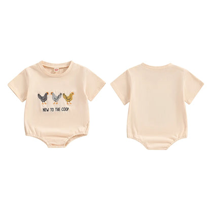 Unisex Baby Romper with Rooster Letter Embroidery - Casual Short Sleeve Jumpsuit for Newborns
