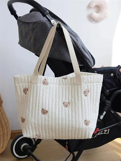 Stylish Large Capacity Embroidered Maternity Diaper Bag with Bear and Bunny Design for Stroller - Portable Travel Handbag for Moms