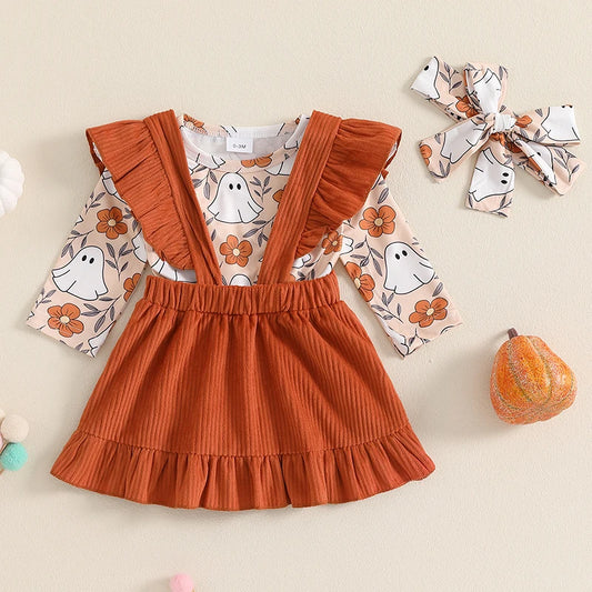 Adorable Baby Girls Halloween Ghost Print Ruffled Romper Set with Skirt and Hair Band