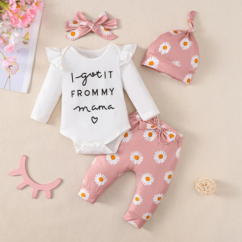 Adorable Baby Girl Fall & Winter 4-Piece Romper, Pants, Headband, and Hat Set for Newborns to 18 Months