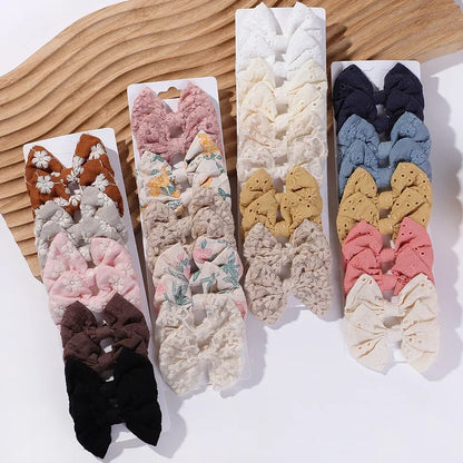10-Piece Handmade Baby Hair Bows Set with Cotton Embroidery Clips for Girls