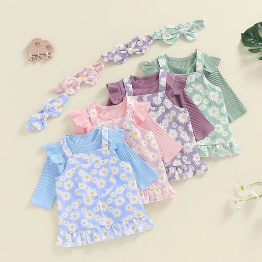 Adorable Newborn Girls' Ruffled Ribbed Bodysuit Set with Floral Suspender Skirt and Headband - Perfect for Spring and Autumn