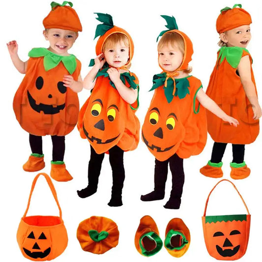 Adorable Kids Pumpkin Costume Set with Top Hat and Tote Bag for Halloween Fun