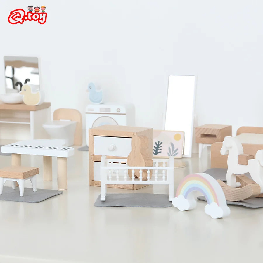 Wooden Dollhouse Furniture Collection - Complete Room Set for Kids' Pretend Play
