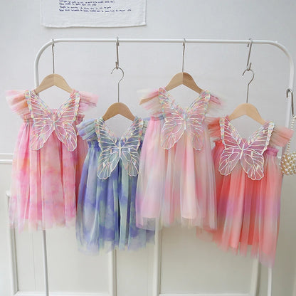 Toddler Girls' Summer Princess Dress with Rainbow Wings and Mesh Sleeves for Birthday Celebrations