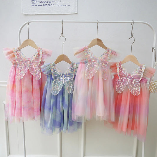 Toddler Girls' Summer Princess Dress with Rainbow Wings and Mesh Sleeves for Birthday Celebrations