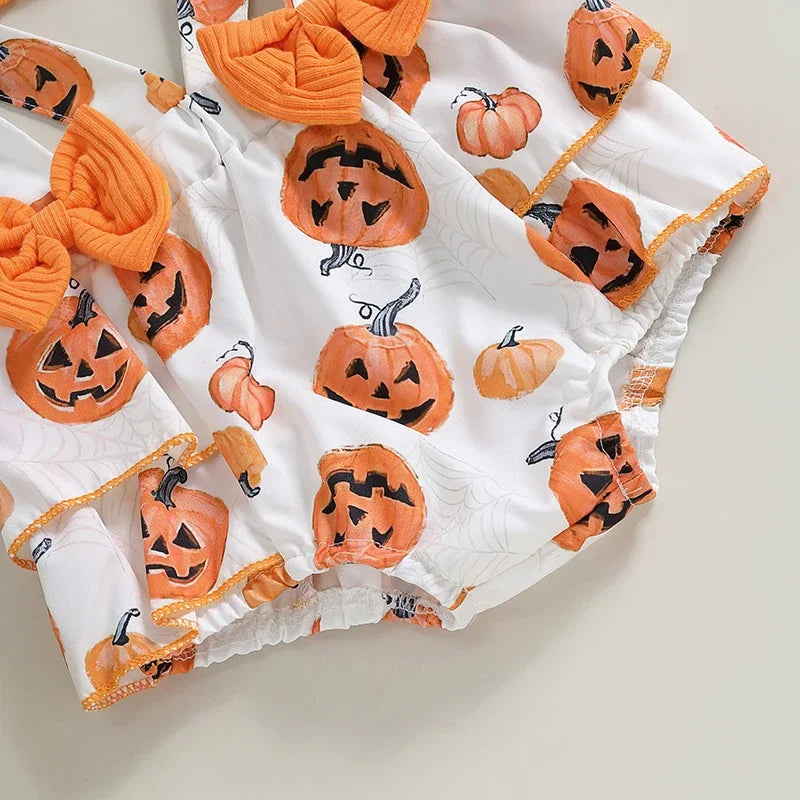 Adorable Baby Girl Long Sleeve Pumpkin Print Romper Set with Overall Shorts and Headband for Halloween