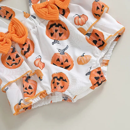 Adorable Baby Girl Long Sleeve Pumpkin Print Romper Set with Overall Shorts and Headband for Halloween