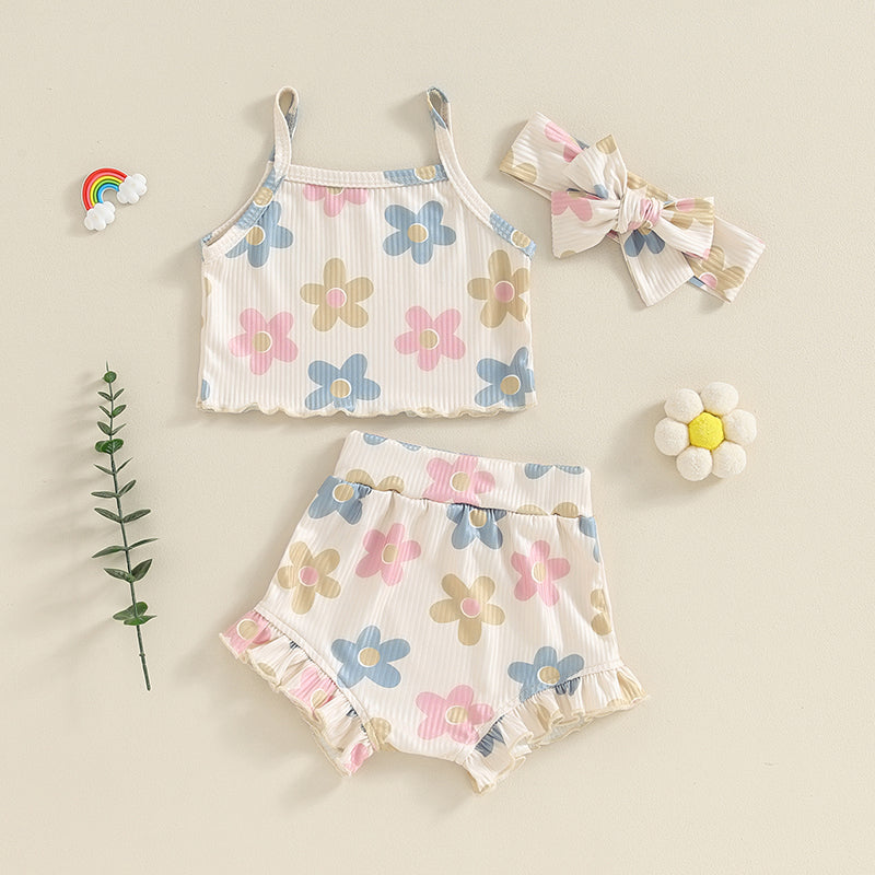 Toddler Summer Floral Outfit Set for Baby Girls - 3PCS Cami Top, Shorts, and Headband (0-24 Months)
