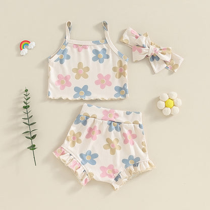 Toddler Summer Floral Outfit Set for Baby Girls - 3PCS Cami Top, Shorts, and Headband (0-24 Months)