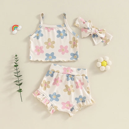 Toddler Summer Floral Outfit Set for Baby Girls - 3PCS Cami Top, Shorts, and Headband (0-24 Months)