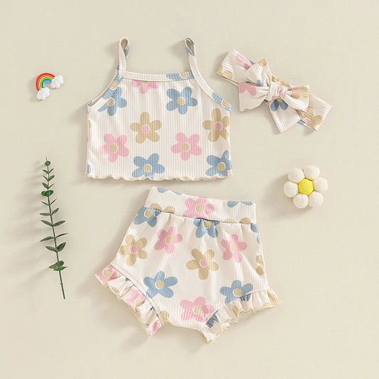 Toddler Summer Floral Outfit Set for Baby Girls - 3PCS Cami Top, Shorts, and Headband (0-24 Months)