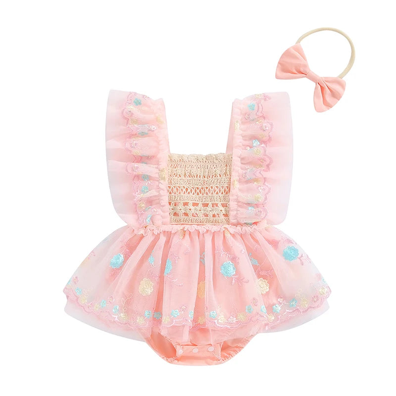 Adorable Summer Baby Girl Floral Embroidery Romper Dress with Headband - Princess Mesh Jumpsuit for Infants