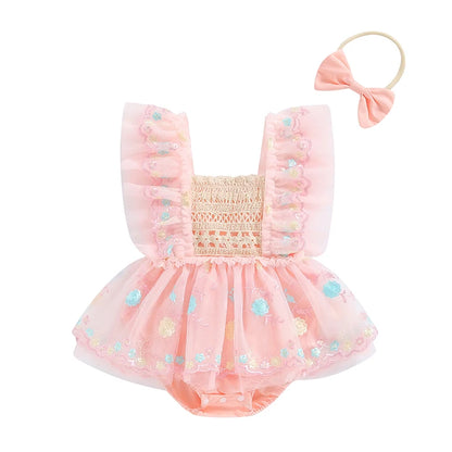 Adorable Summer Baby Girl Floral Embroidery Romper Dress with Headband - Princess Mesh Jumpsuit for Infants