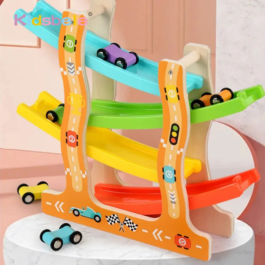 Wooden Gliders Montessori Sliding Race Track 6 Car Toys For Children Educational Gifts For Todders Christmas Toys Birthday Gifts