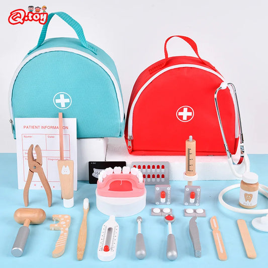 New Doctor Toys for Children Wooden Pretend Play Kit Set Games for Girls Boys Simulation Red Medical Dentist Medicine Cloth Bags