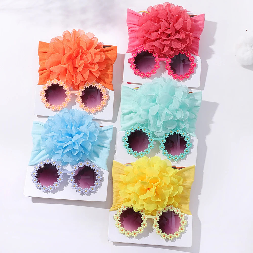 Adorable Handmade Flower Headband and Daisy Round Glasses Gift Set for Baby Girls and Toddlers