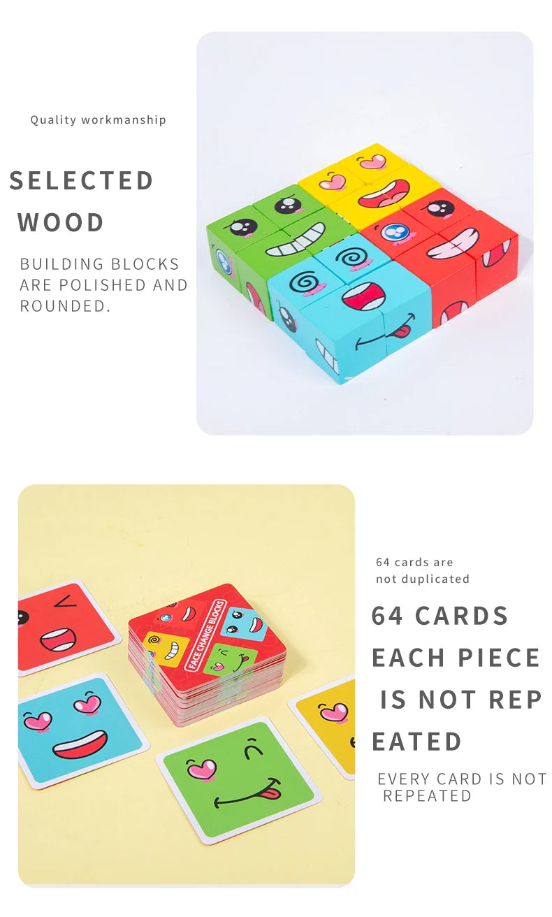 Wooden Expression Matching Puzzle Cube - Educational Building Blocks Game for Kids Aged 4-12