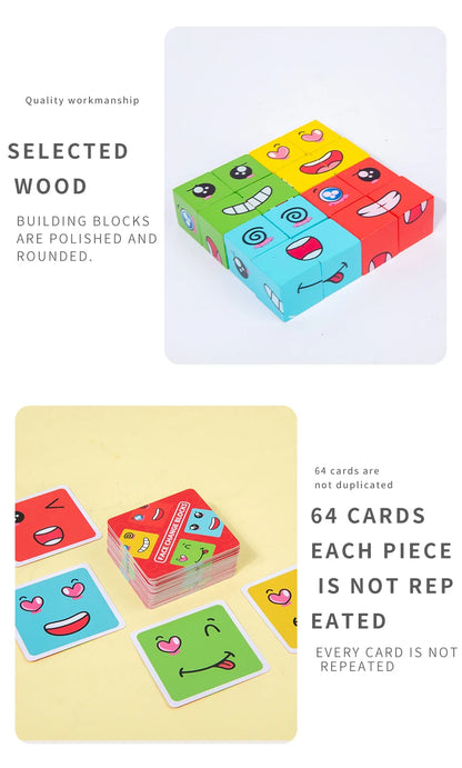 Wooden Expression Matching Puzzle Cube - Educational Building Blocks Game for Kids Aged 4-12