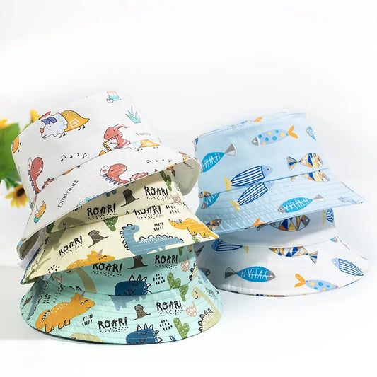 Adorable Cartoon Dino Print Baby Bucket Hat for Boys and Girls - Cute Summer Fisherman Cap for Infants and Toddlers