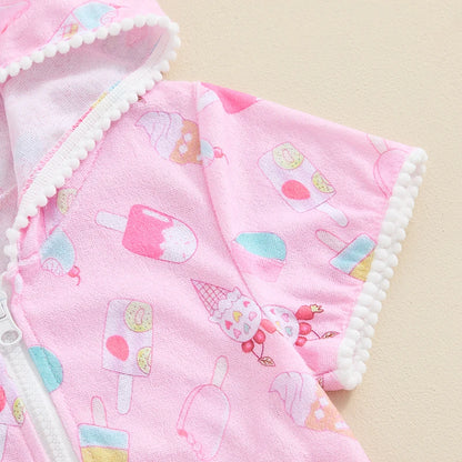 Toddler Kid Clothes Girls Summer Swimwear Cover Up Children Short Sleeve Ice Cream Print Zipper Hooded Dress Beachwear 1-8Y
