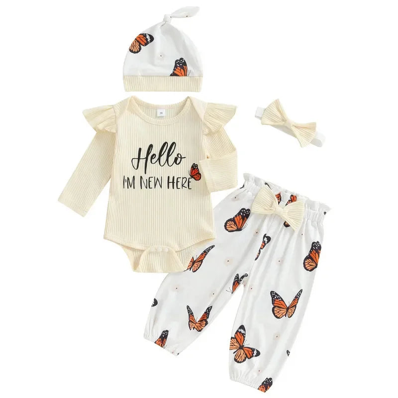 Adorable Baby Girl 4-Piece Outfit Set: Letter Print Long Sleeve Bodysuit, Bow Pants, and Matching Headband Hat for Newborns