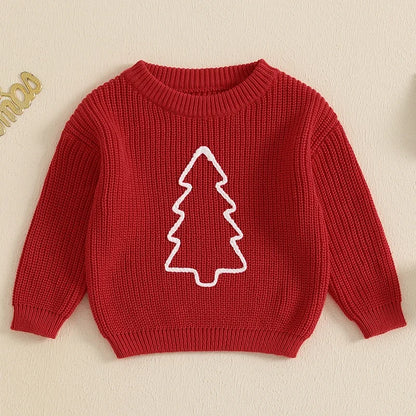 Toddler Unisex Christmas Tree Embroidered Sweater - Long Sleeve Crew Neck Pullover for Kids