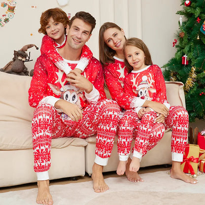 Festive Family Matching Christmas Pajama Set with Reindeer Print - Long Sleeved Nightwear for Parents and Kids