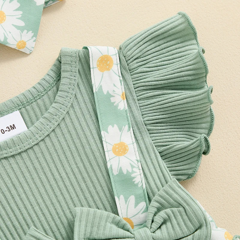 Baby Clothing Girl Outfits Floral Print Ribbed Fly Sleeve Bowknot Patchwork Layered Jumpsuits Headband Newborn Clothes