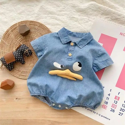Adorable Cartoon Duck Denim One-Piece Romper for Newborns and Toddlers - Summer Baby Jumpsuit for Boys and Girls