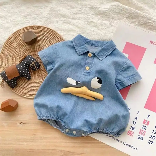 Adorable Cartoon Duck Denim One-Piece Romper for Newborns and Toddlers - Summer Baby Jumpsuit for Boys and Girls