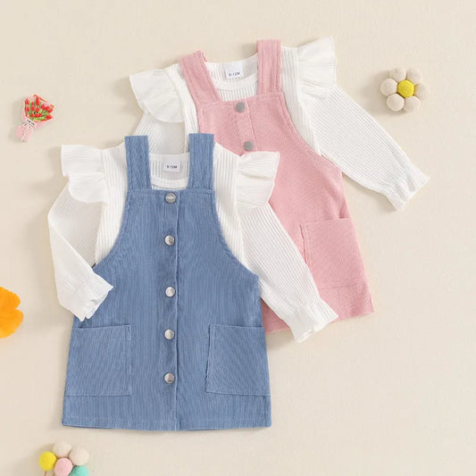 RUEWEY Toddler Girls' Corduroy Overall Dress and Long Sleeve T-Shirt Set for 1-5 Years, Perfect for Spring and Autumn