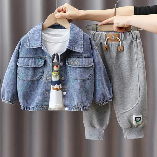 New 2023 Spring Autumn Boys Casual Denim Coat and Sports Pants Set for Kids