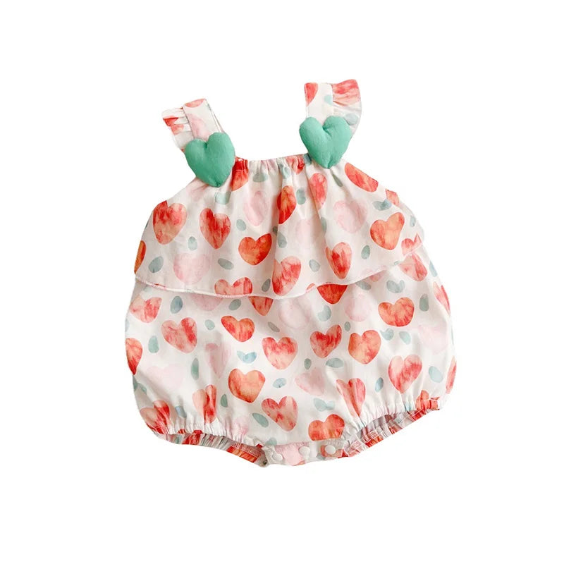 Summer Girls' Heart Print Sleeveless Romper Jumpsuit - Breathable Cotton-Polyester Blend Toddler Outfit