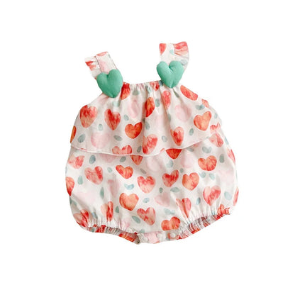 Summer Girls' Heart Print Sleeveless Romper Jumpsuit - Breathable Cotton-Polyester Blend Toddler Outfit