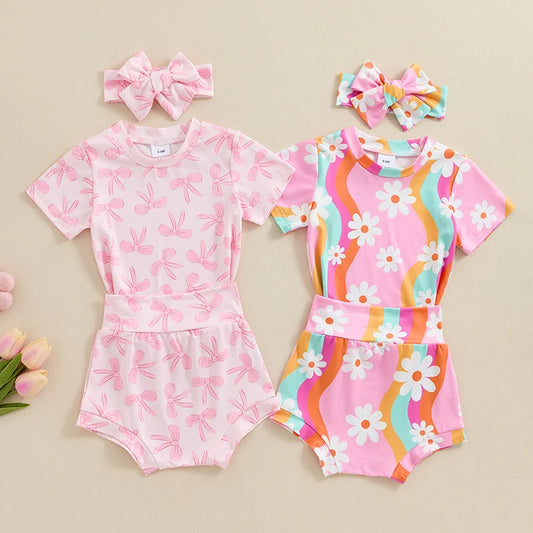 Adorable Summer Infant Girls' Floral Print Bow Top, Shorts & Headband Outfit Set