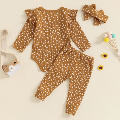 Adorable Floral 3-Piece Outfit Set for Newborn Baby Girls - Long Sleeve Bodysuit, Bow Pants, and Headband for Autumn