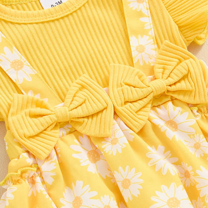 Baby Clothing Girl Outfits Floral Print Ribbed Fly Sleeve Bowknot Patchwork Layered Jumpsuits Headband Newborn Clothes