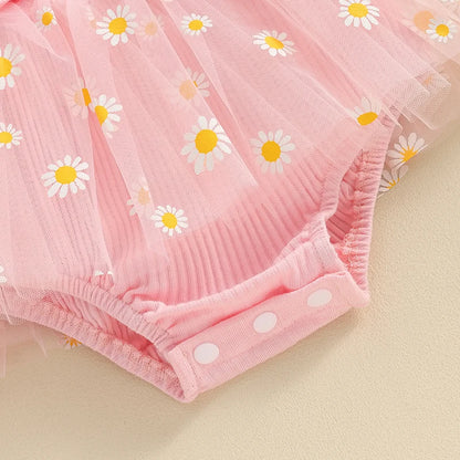 Adorable Baby Girl 2-Piece Daisy Print Summer Romper Dress Set with Matching Headband