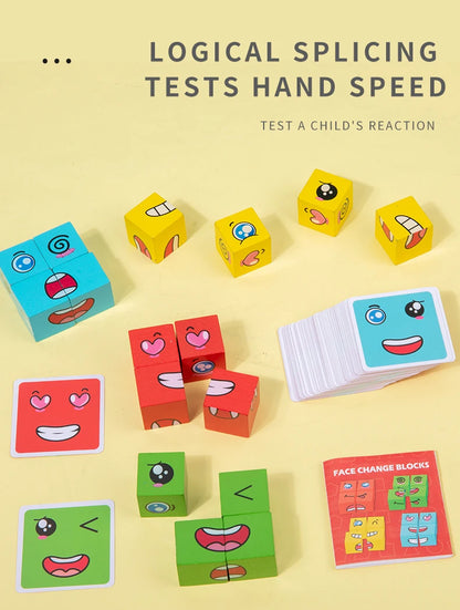 Wooden Expression Matching Puzzle Cube - Educational Building Blocks Game for Kids Aged 4-12