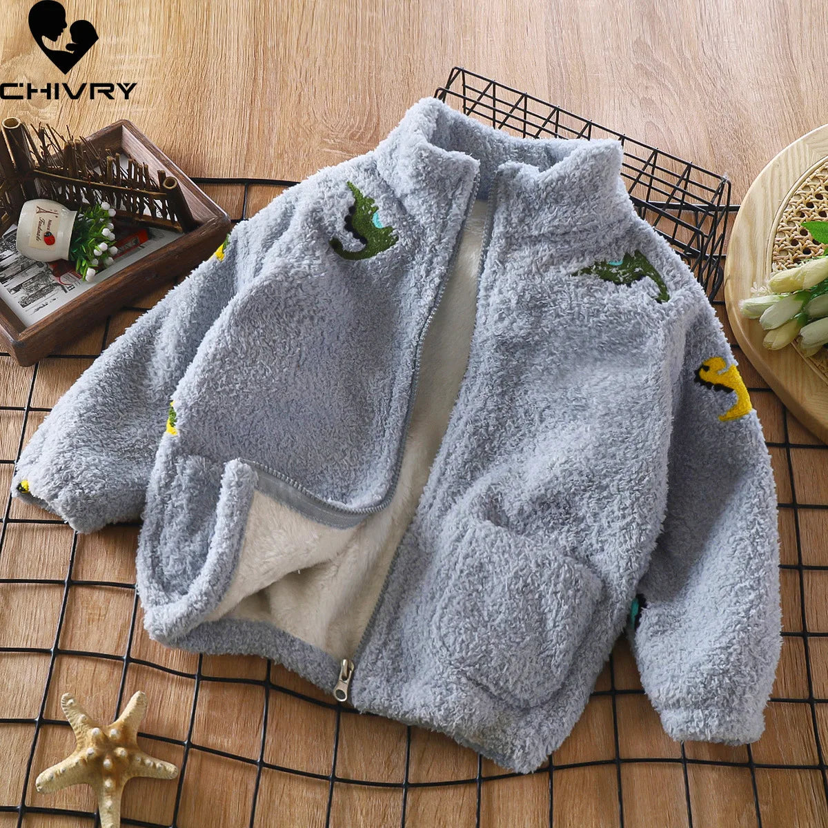 Adorable 2023 Kids Winter Flannel Jacket for Boys and Girls - Cute Cartoon Stand Collar Zipper Coat