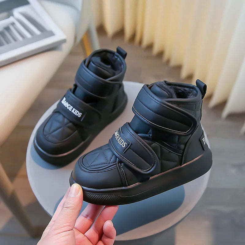 2024 Stylish Plush Leather Winter Boots for Kids - Warm Snow Shoes with Drawstring and Soft Soles for Boys and Girls