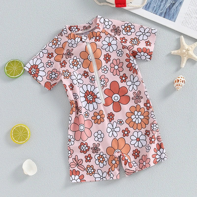 Adorable Floral Print Short Sleeve Swimsuit for Baby Girls - Summer Bathing Suit for Newborns and Toddlers